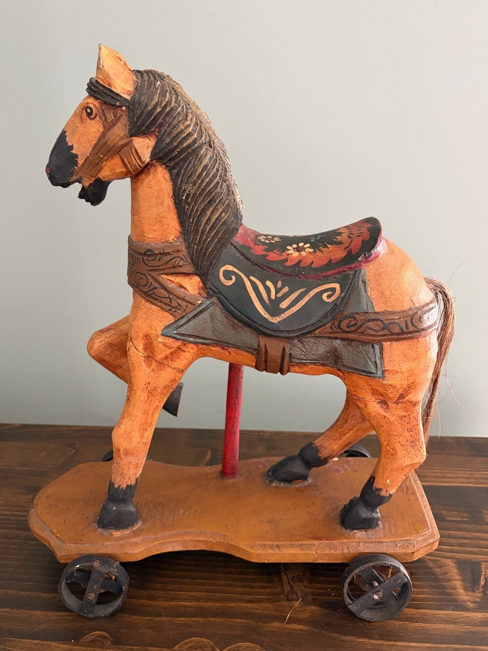 Vintage Hand Carved & Hand-Painted Wooden Carousel Horse on Wheels Wooden Toy - Picture 6 of 14